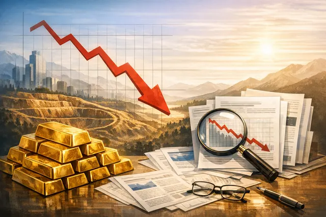 A bar of gold bullion sits on a dark surface, with a descending price chart line in the background symbolizing the 2026 gold correction.