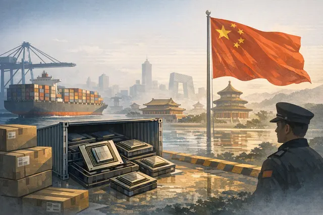 Editorial illustration of Nvidia H200 AI chips moving between the United States and China amid export restrictions