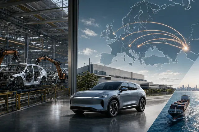 Electric vehicles produced in a modern European factory symbolizing Chinese EV makers expanding manufacturing in Europe