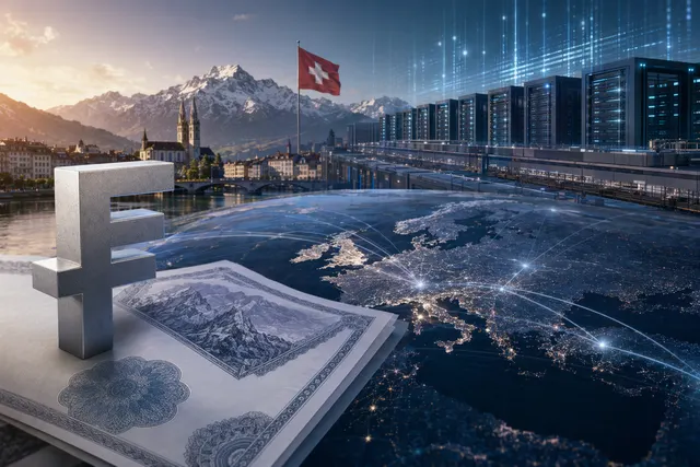 AI-generated editorial illustration of data centers connected to bond certificates and Swiss francs.