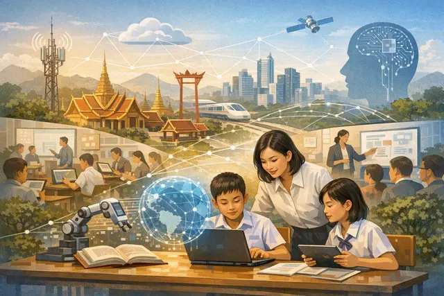 Illustration of a connected smart classroom network linking schools in Thailand through digital learning and AI technology