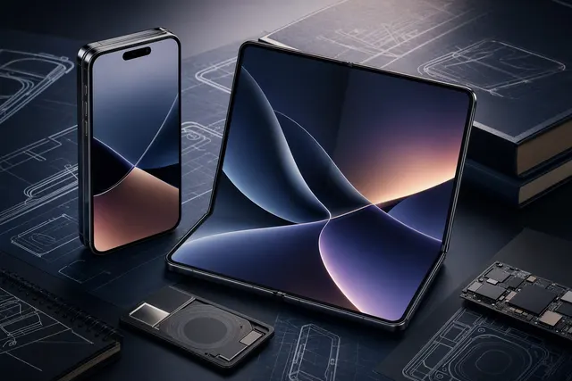 Concept illustration of Apple’s rumored book-style foldable iPhone Ultra with an outer display and large inner screen