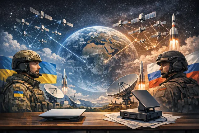 Illustration of satellite internet links connecting drones over Ukraine and Russia