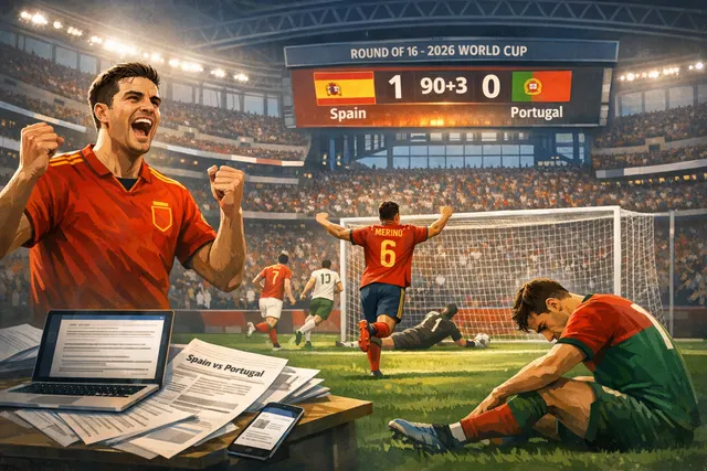 Soccer ball on a green field, representing the 2026 World Cup round-of-16 match between Spain and Portugal.