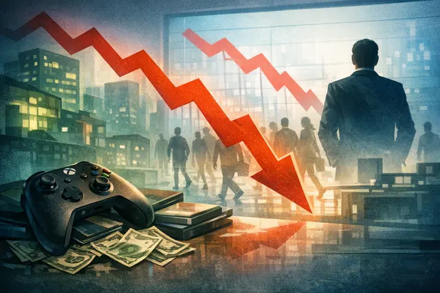 A fractured Xbox Game Pass logo with subscriber loss charts and exclusive games behind it, representing Microsoft's strategic reset