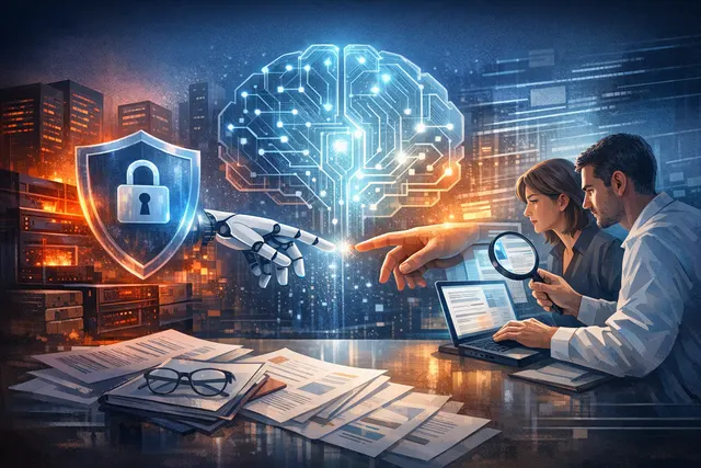 Illustration of a cybersecurity shield integrated with AI models, representing Check Point's embedding of OpenAI frontier models into customer-facing security products.