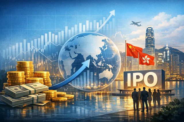 Abstract fintech illustration showing Ant International’s reported $1 billion funding round, $10B+ valuation goal, and Hong Kong listing plans