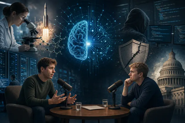 Illustration representing AI research breakthroughs and software security risks.