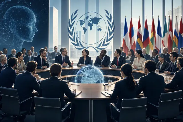 Editorial illustration representing international oversight and competing approaches to governing advanced AI