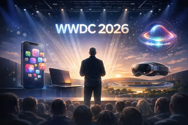 WWDC 2026 preview showing Apple Park with the 'Coming Bright Up' tagline, symbolizing the transition from Tim Cook's era to a new AI-powered Siri under John Ternus.