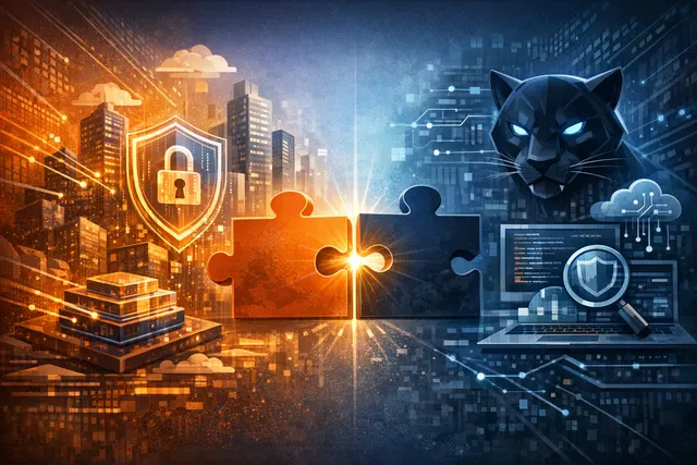 Digital illustration of Databricks and Panther Labs logos on a glowing cybersecurity mesh grid, symbolizing the acquisition and competitive push against CrowdStrike and Splunk.