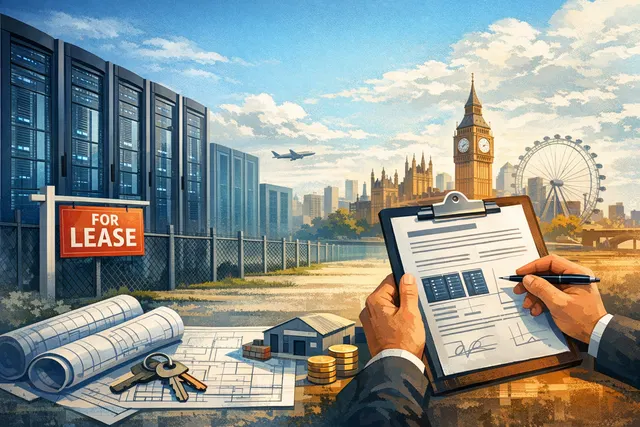 Illustration of CoreWeave's AI cloud infrastructure strategy in the UK, depicting data centre connectivity and digital compute nodes.