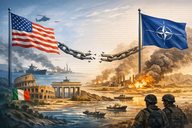 AI-generated editorial illustration of Trump, NATO allies and the Strait of Hormuz dispute