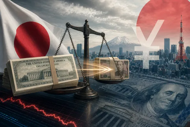 Illustration of Japan selling U.S. Treasuries as the yen approaches the 160 per dollar intervention level