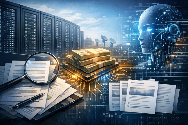 Conceptual illustration of a massive data center with glowing server racks and AI network connections, representing Meta's AI infrastructure and cloud computing ambitions
