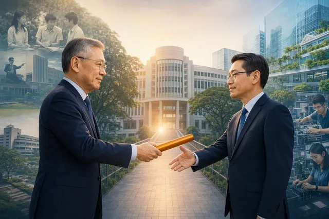 AI-generated editorial illustration accompanying the NUS chairmanship handover