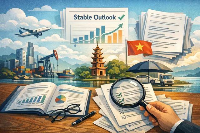 A conceptual image representing Vietnam's non-life insurance market outlook, with financial charts, a map of Vietnam, and symbols of industry growth such as electronics and infrast