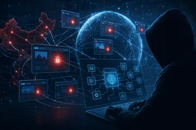 Illustration of autonomous AI agents probing company websites in a cybersecurity attack