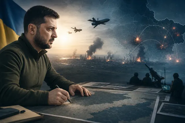 Editorial illustration of Ukraine planning long-range drone strikes against Russia