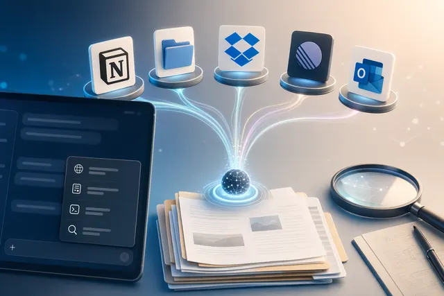 抽象插圖：ChatGPT Deep Research 連接 Dropbox、Notion、Box、Linear 和 Outlook 等工作資料來源