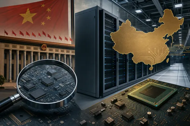 AI-generated editorial illustration for a report on Broadcom switches in Chinese state-backed data centers