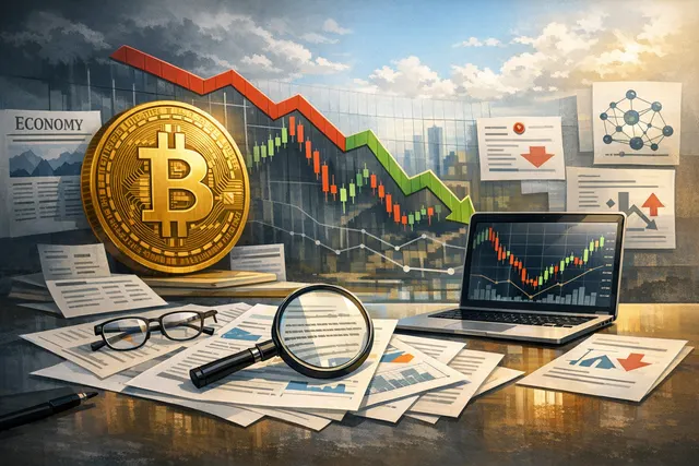 Bitcoin price chart showing a 50% drawdown from its all-time high, overlaid with icons representing Fed policy, Kimi K3 AI model, CLARITY Act, and ETF outflows