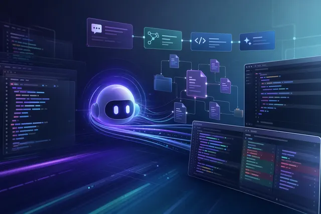 AI illustration of GitHub Copilot evolving from autocomplete to repository-wide coding agents