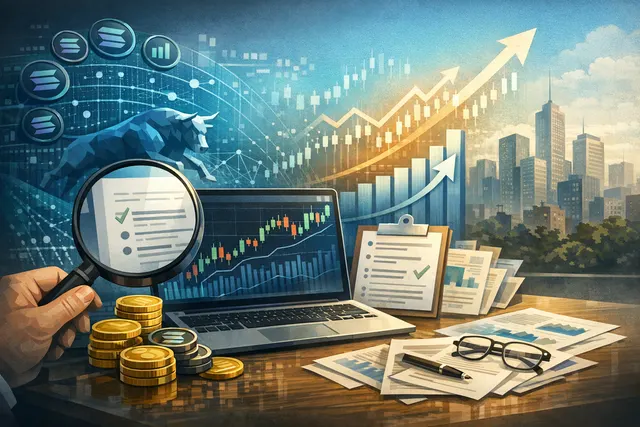 Abstract graphic of Solana blockchain network with rising charts and tokenized stock trading data