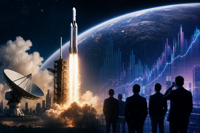 Illustration representing the global space economy and satellite infrastructure surge tied to SpaceX IPO expectations