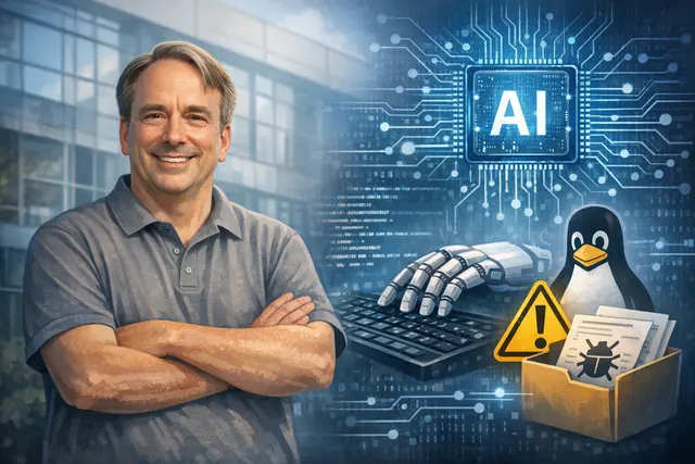 A digital illustration showing a gavel and lines of abstract code symbolizing the new legal and technical rules for AI-assisted code in the Linux kernel.