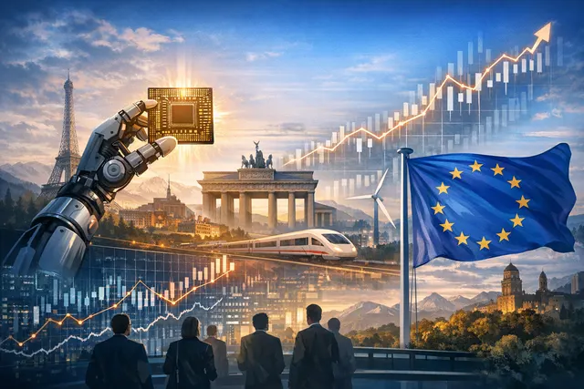 A European financial district skyline digitally overlaid with AI circuitry patterns, symbolizing the convergence of European equity markets and artificial intelligence investment o