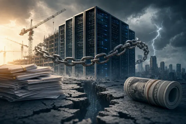 Editorial illustration representing debt-financed AI infrastructure and market risk