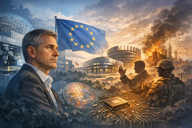 ASML CEO Christophe Fouquet speaking at a podium with a European Union flag and a futuristic semiconductor backdrop