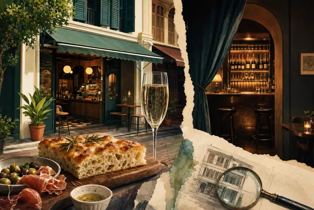 AI-generated editorial illustration accompanying the closure of Mamma Mia Focaccia and The Champagnery