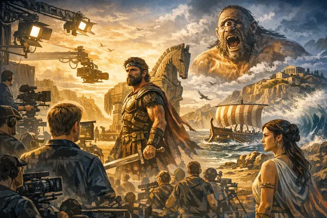 Christopher Nolan directing cast members on the set of The Odyssey, an epic fantasy shot entirely on IMAX cameras