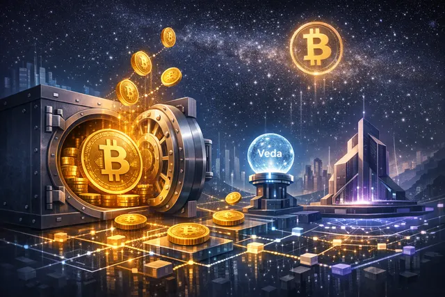 Illustration of a glowing Bitcoin coin inside a high-tech, secure digital vault with a lock and keyhole, symbolizing Kraken's Bitcoin Vault yield product.