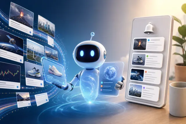 Illustration of Google AI information agents monitoring topics and delivering updates