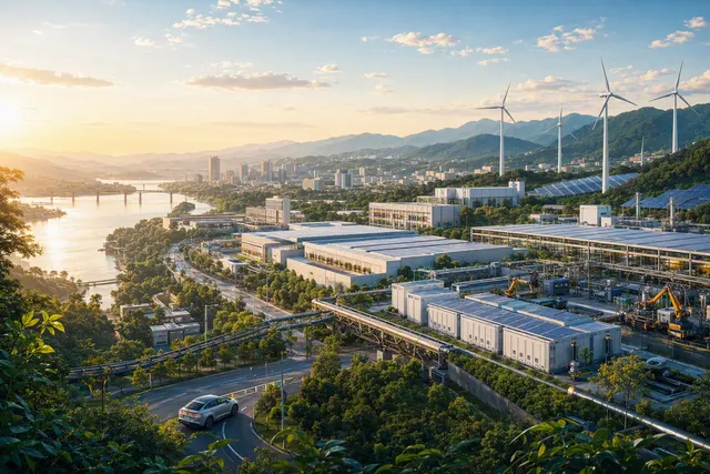 Editorial illustration of Yibin’s power-battery manufacturing transformation