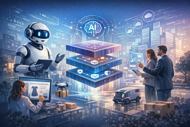 Abstract 3D visualization representing a universal integration hub connecting multiple AI commerce platforms and protocols via modular API layers.