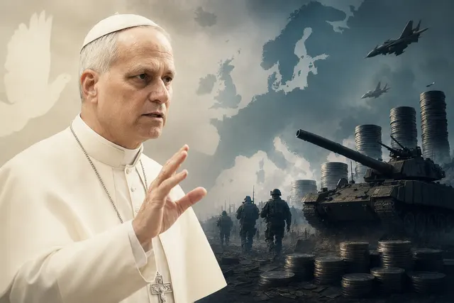 Illustration of Pope Leo XIV warning about Europe’s military buildup and AI warfare