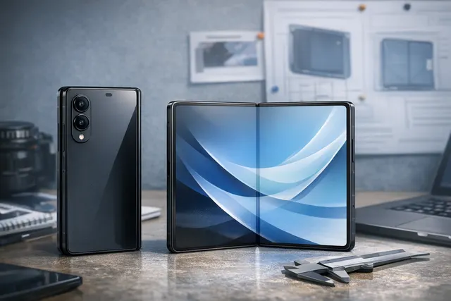 Conceptual render of Samsung's new wide Galaxy Z Fold 8 beside its taller Ultra counterpart, illustrating the leaked 4:3 design shift
