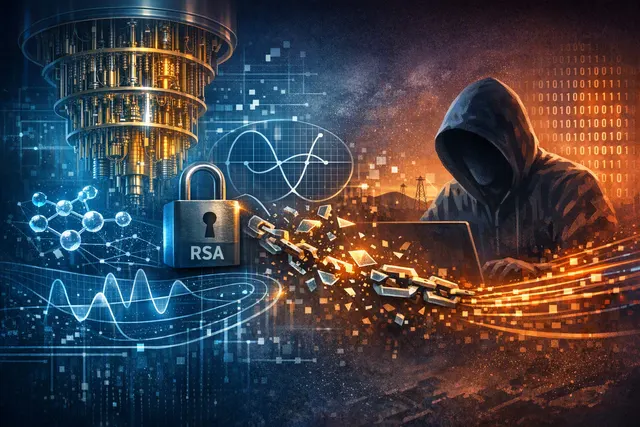 Abstract illustration of quantum computing circuitry confronting encrypted digital data