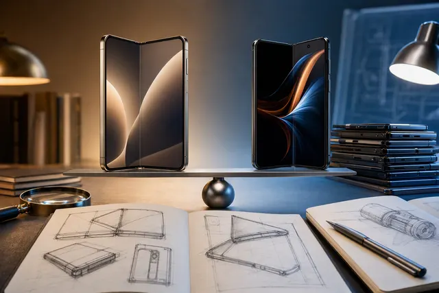 AI-generated editorial illustration for a comparison of the iPhone Duo and Galaxy Z Fold8