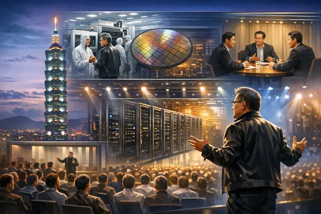 Editorial illustration of Nvidia CEO Jensen Huang during his June 2026 Taiwan visit, with chip factory motifs in the background symbolizing the push for doubled AI chip production
