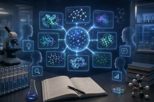 Concept illustration of a multi-agent AI system debating scientific hypotheses in a virtual research environment
