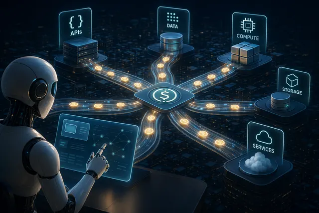 Illustration of AI agents using stablecoin payment rails to access digital services online