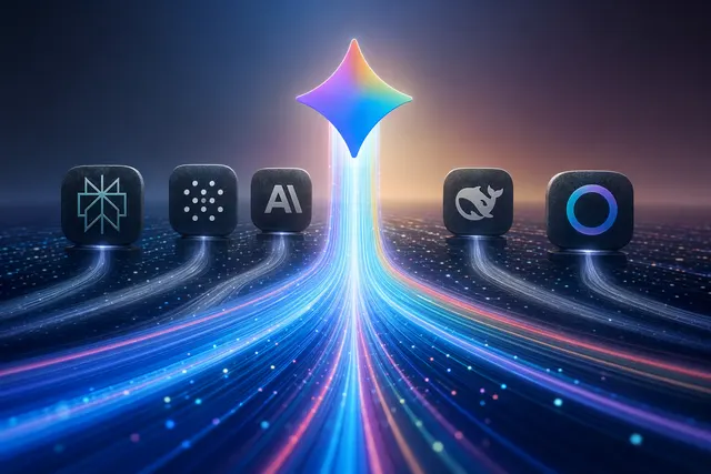 Illustration representing Google Gemini rising in the AI traffic market against other AI assistants