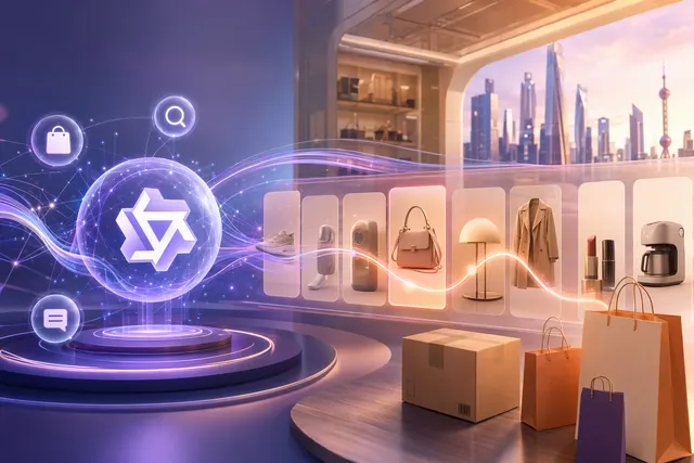 Illustration of an AI shopping assistant connecting Alibaba Qwen with Taobao and Tmall.