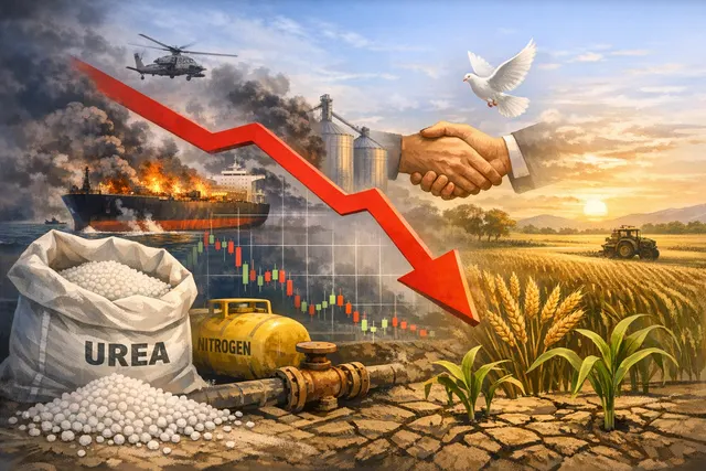 A chart showing a steep drop in U.S. urea fertilizer prices from April to June 2026, superimposed over an image of a cargo ship on the Strait of Hormuz and a cornfield under financ