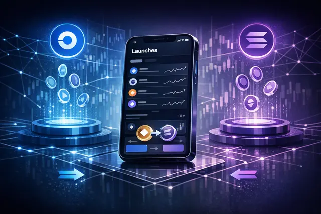 Illustration of Coinbase’s Launches tab connecting newly created Base and Solana tokens to onchain trading